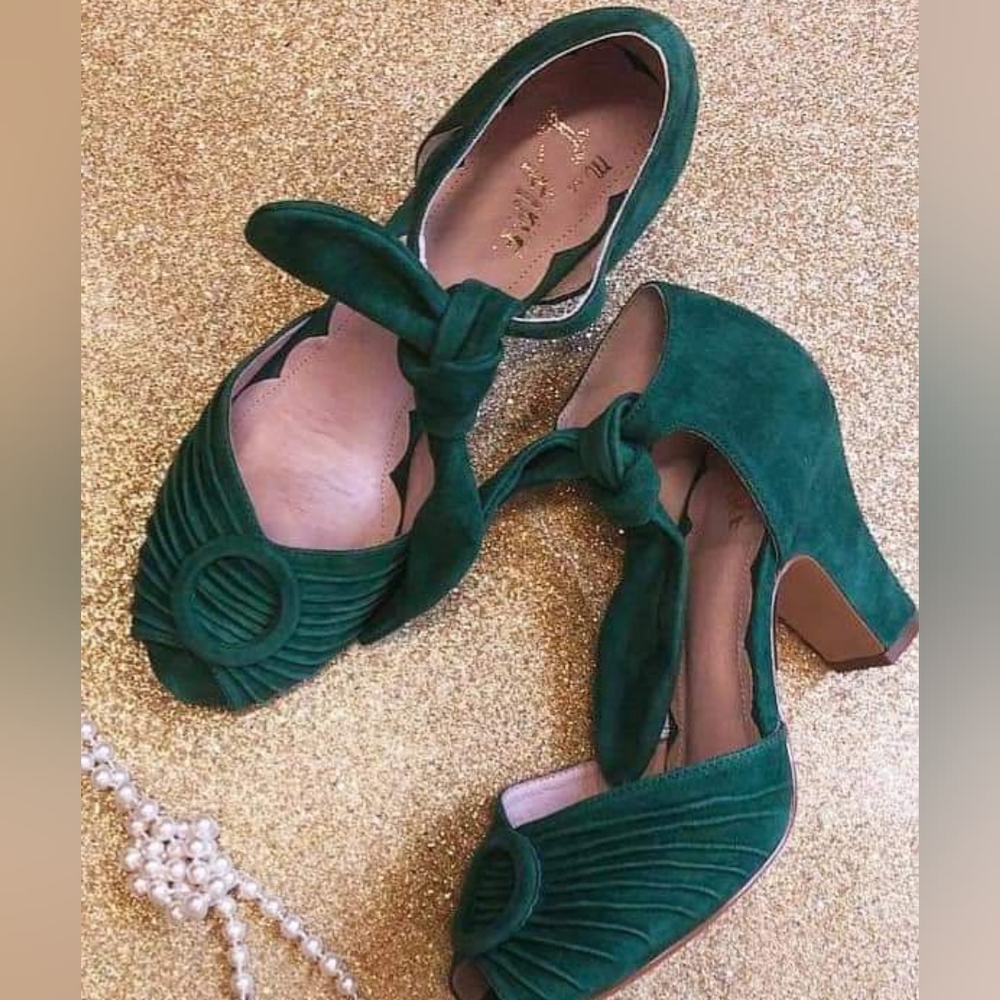 Miss L Fire Loretta Green Classic Ruched Peep Toe Suede Pumps